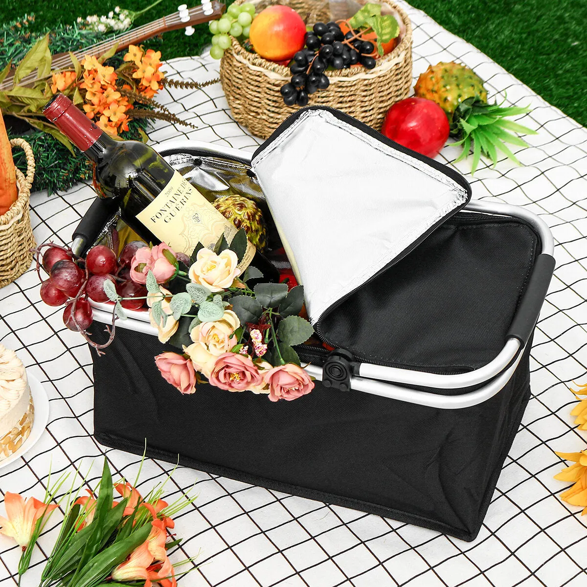 30L Upgraded Picnic Basket Insulated Cooler Storage Basket Folding Picnic Bag Picnic Basket Foldable Picnic Bag Outdoor Camping Panic Heat & Cool Insulation Oxford Cloth 18''11''9.4''
