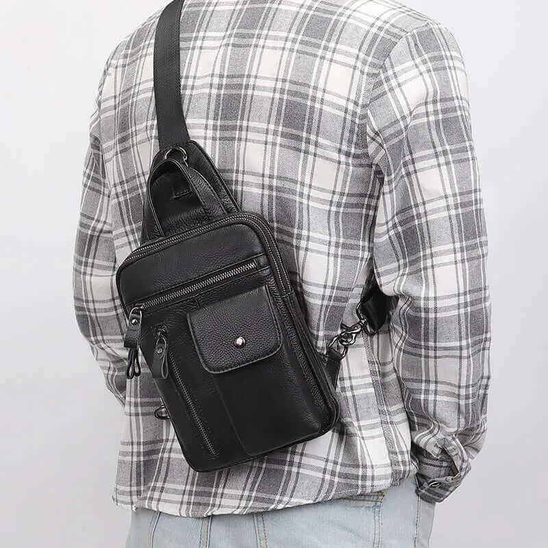 Black Leather Sling Bag for Men - Shoulder and Crossbody