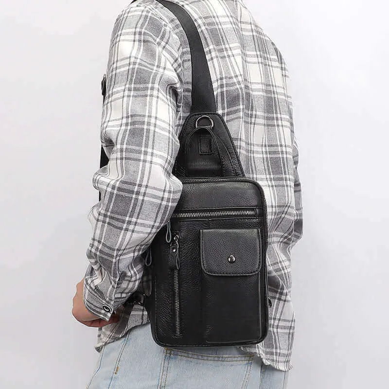 Black Leather Sling Bag for Men - Shoulder and Crossbody
