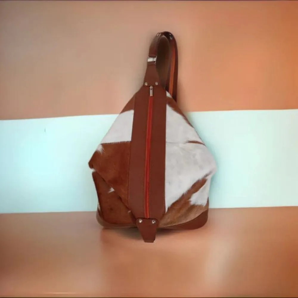 Cowhide Shoulder Brown and White Rucksack Leather Bucket Bag for Womens