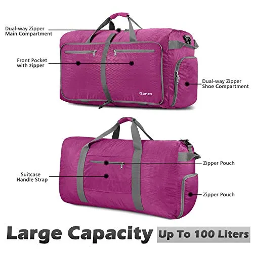 Gonex 100L Foldable Travel Duffel Bag for Luggage Gym Sports, Lightweight Travel Bag with Big Capacity, Water Repellent Rose Red