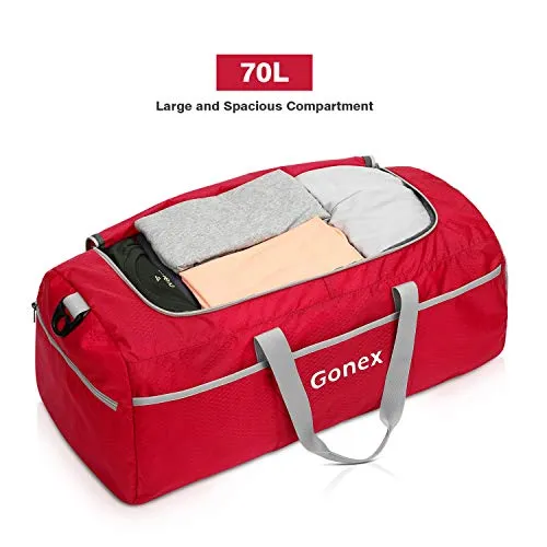Gonex 70L Packable Travel Duffle, Lightweight Luggage Duffel Sports Gym Bag with Shoe Compartment Red