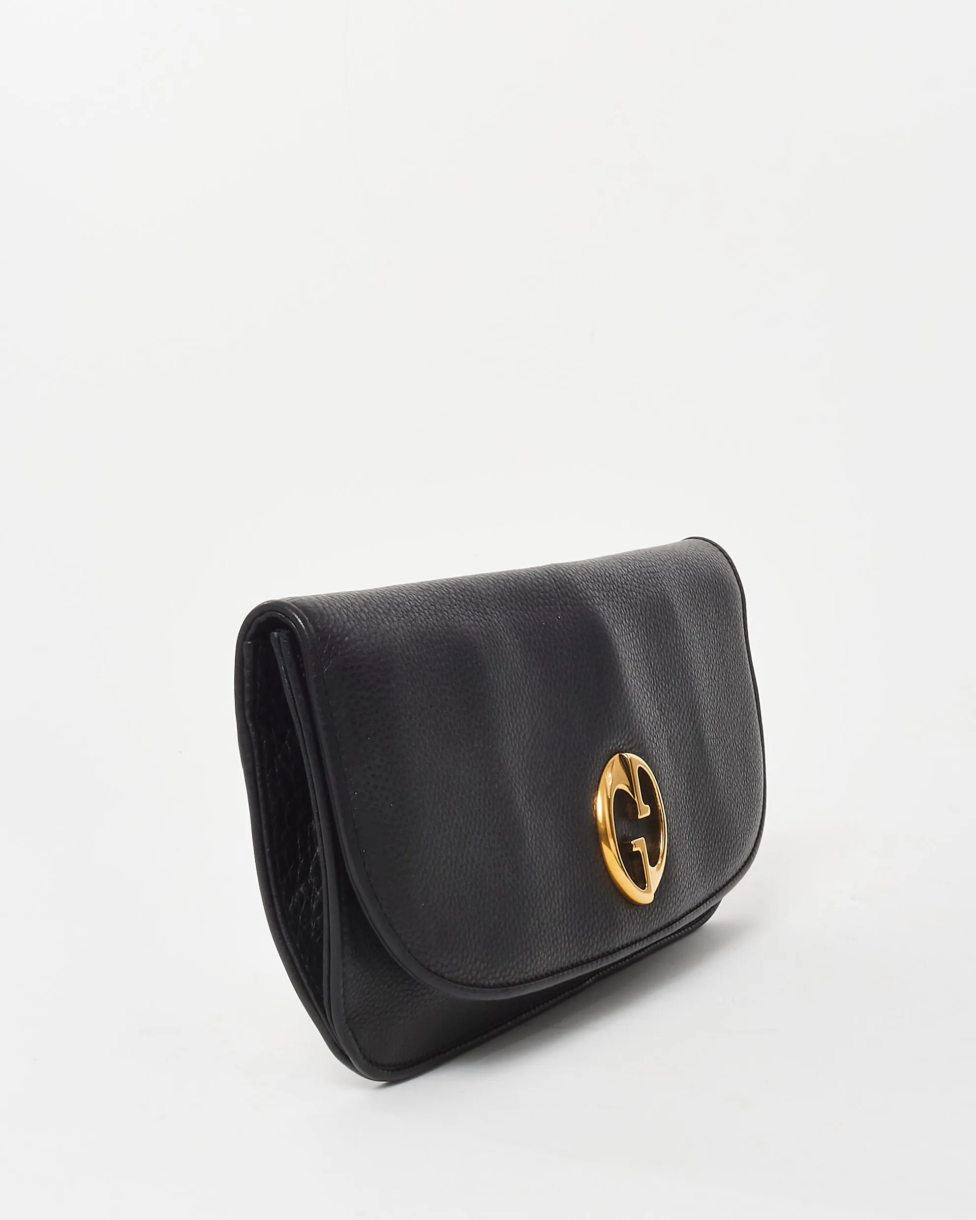 Gucci Black Pebbled Calfskin Leather 1973 Logo Clutch