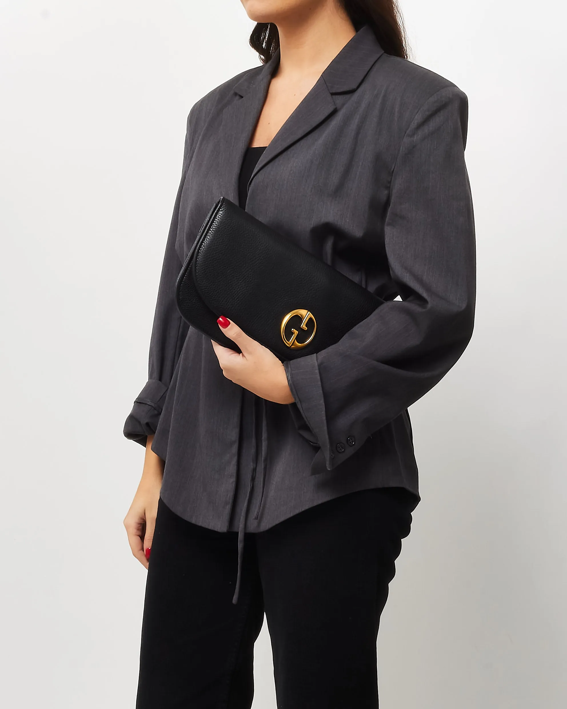 Gucci Black Pebbled Calfskin Leather 1973 Logo Clutch