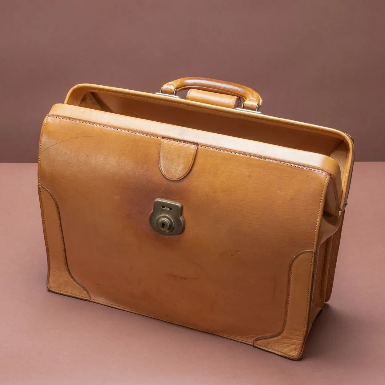 Light Tan Leather Top Frame Briefcase