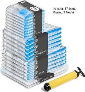 New BRAMBLE 17 Premium Heavy Duty Vacuum Storage Bags with Hand Pump - 80% More Space, supposed to be 20 bags missing 3 Medium!