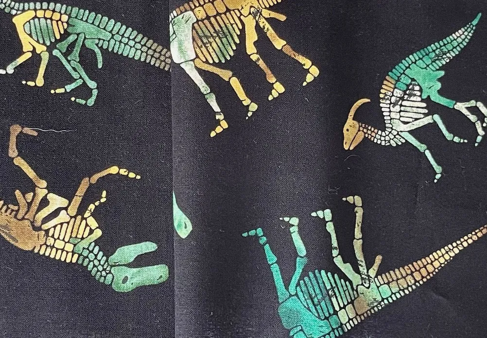 Pine Green Friendly Dinosaur Skeleton Quilting Cotton