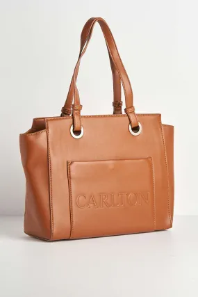 Tiff Front Pocket Detail Tote Back in Tan
